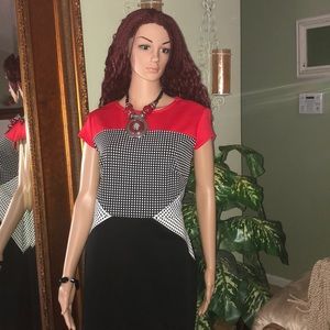 Red, white, and black dress.